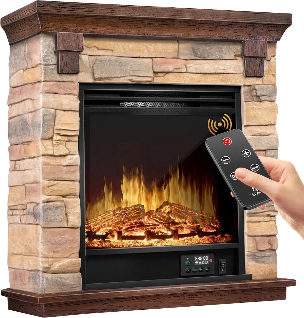 Braun con funzione di riscaldamento, KESSER® Caminetto elettrico Casminetto da appoggio, Caminetto con effetto fiamma LED 3D, caminetto con potenza