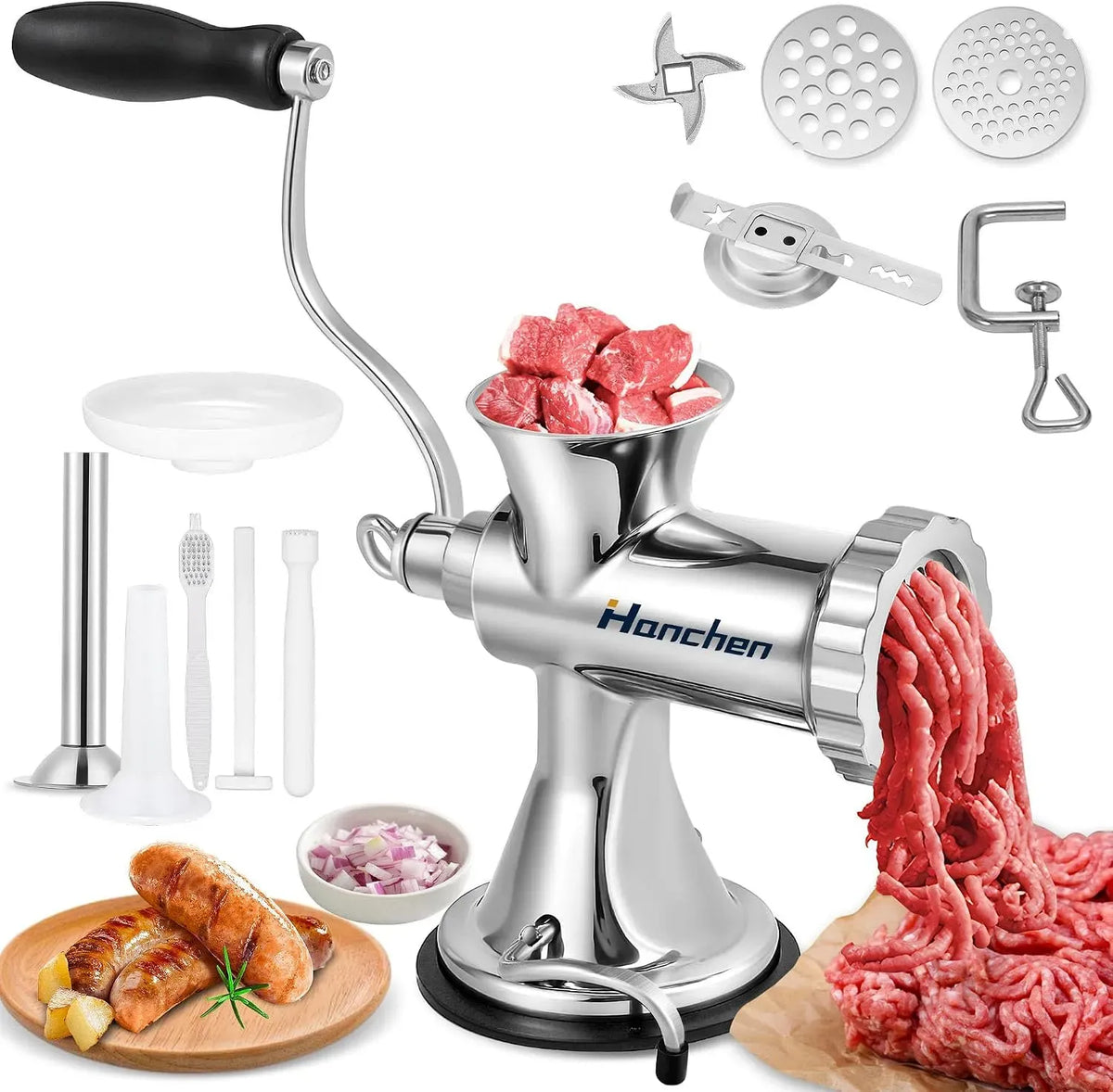 Hanchen Tritacarne Manuale Acciaio Inox Insaccatrice per Salsicce Domestico Commerciale dotato di 2 Dischi da Taglio e Imbuto per Pollo Maiale Manzo