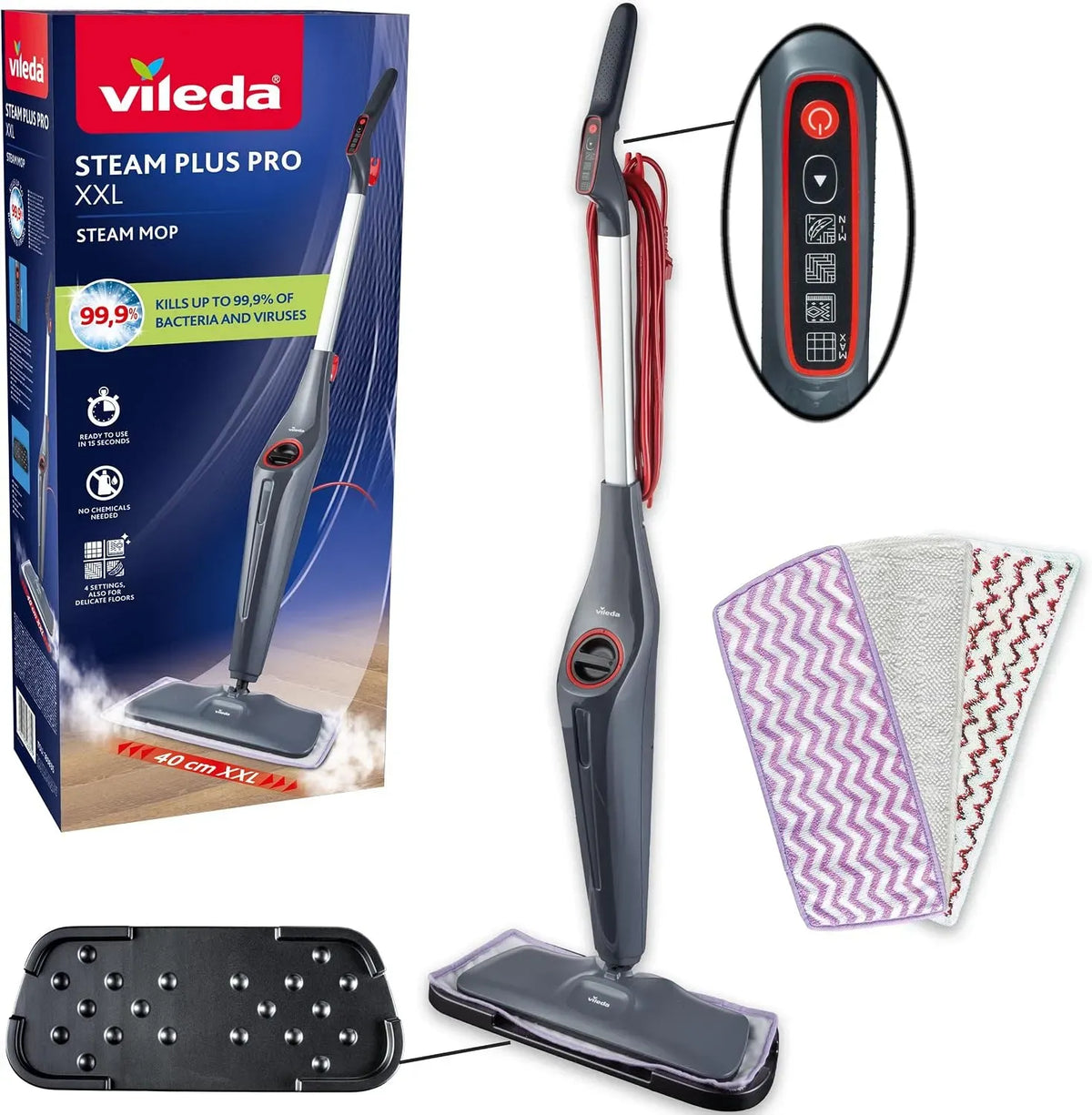 ideale per pavimenti delicati, rimuove fino al 99% di batteri e virus, Vileda Steam Plus Pro XXL scopa a vapore, dotato di 4 impostazioni di vapore