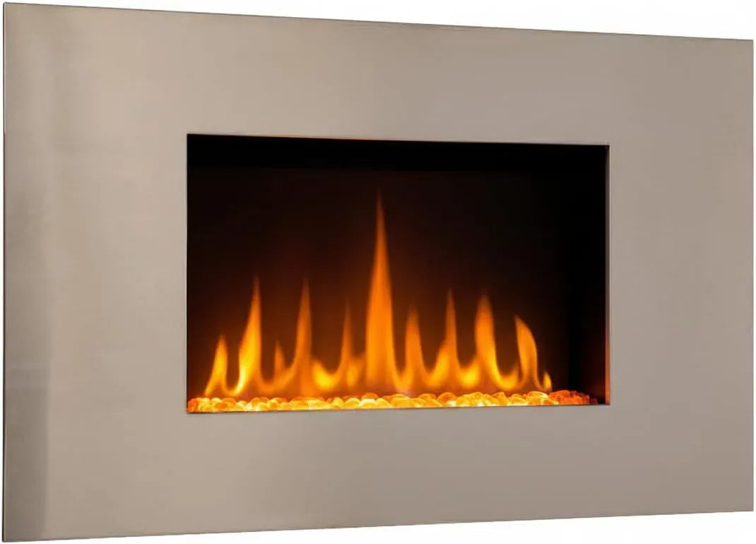 Caminetto elettrico da parete in acciaio Inox, 90x16x52cm, Effetto fiamma a LED