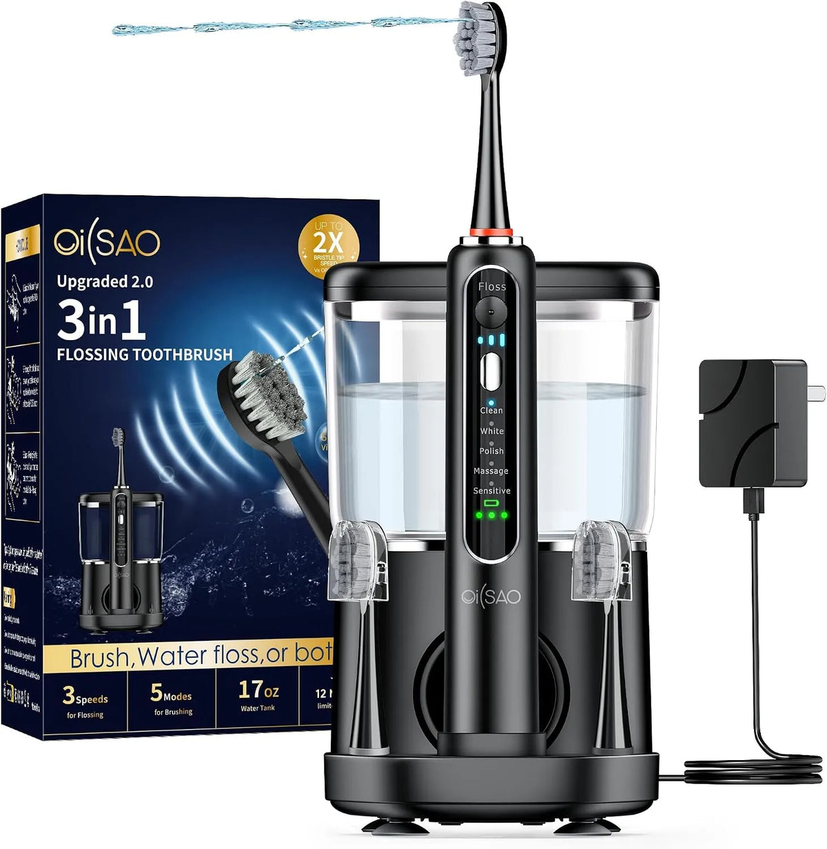Spazzolino elettrico con idropulsore combinato, cura delle gengive, spazzolino sonico 3 in 1 e filo interdentale per la pulizia dei denti, 5 modalità