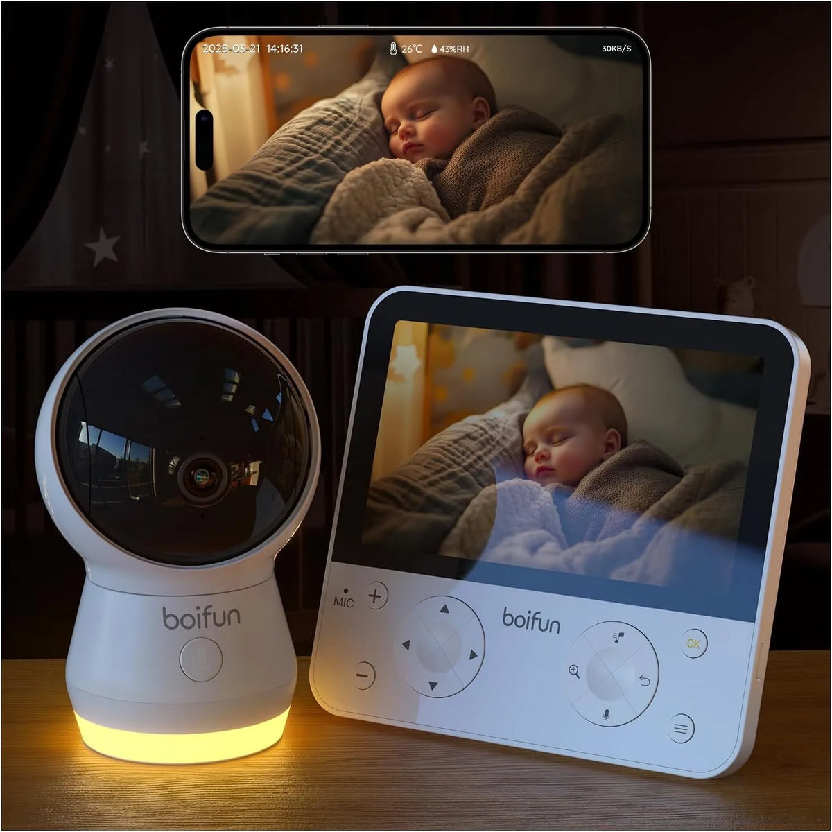 Monitor, Boifun 4MP 4000mAh, Wi-Fi, app, 5'' Video Audio con Telecamera 360° Zoom 4X, App controllo fuori casa, AI Intelligente