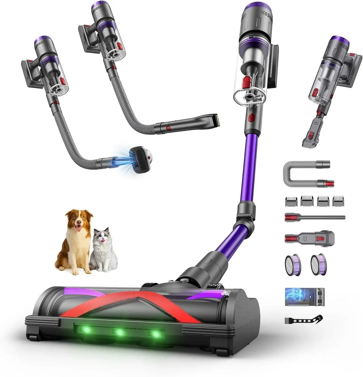 Aspirapolvere 600W/58000Pa/75Min, 600 W, Scopa Elettrica Senza Fili con Tubo Flessibile da 1 m, Autoportante per Tappeti/Pavimenti/Peli Animali