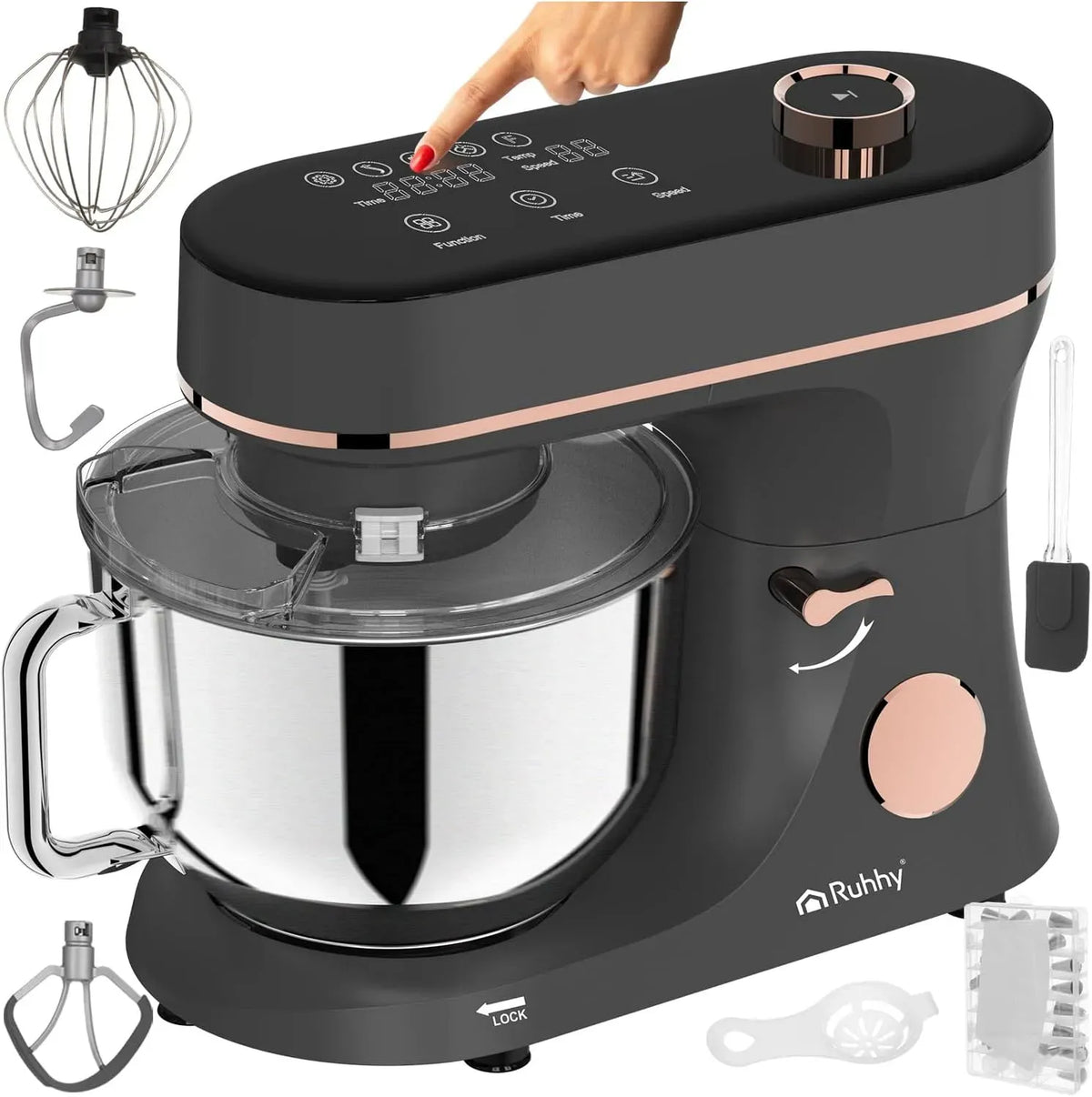 Oro grigio, display touch & timer, per mixer da cucina per impasti, Impastatrice planetaria con ciotola riscaldata 6,2 L, 2000 W, 11 velocità, montare