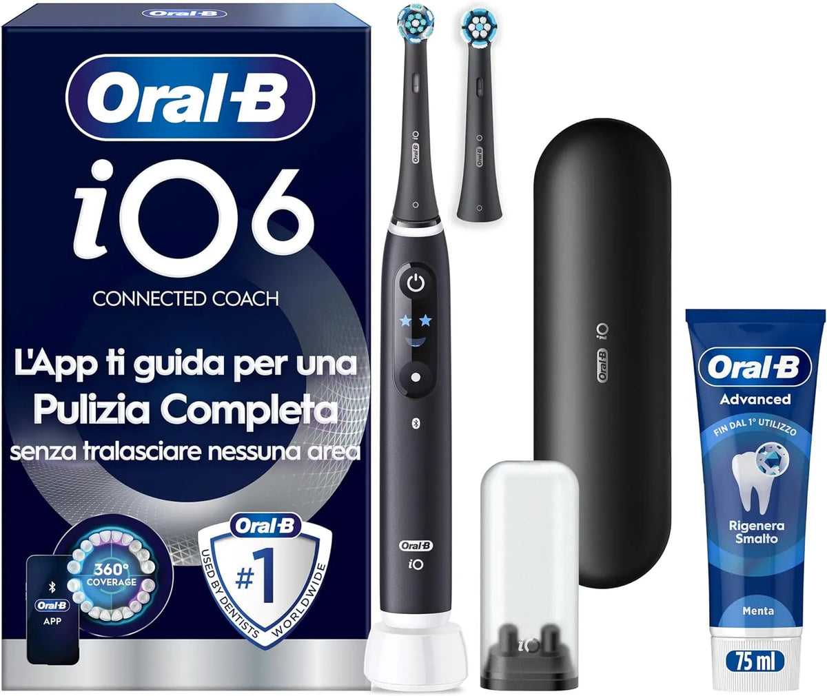 Custodia, Oral-B iO 6 Spazzolino Elettrico, Dentifricio, 2 Testine, Nero