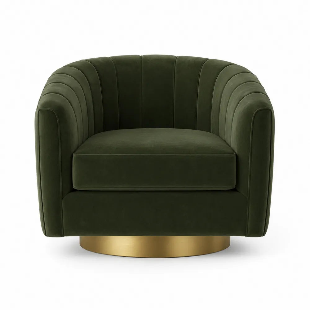 Poltrona girevole in velluto verde con base in metallo