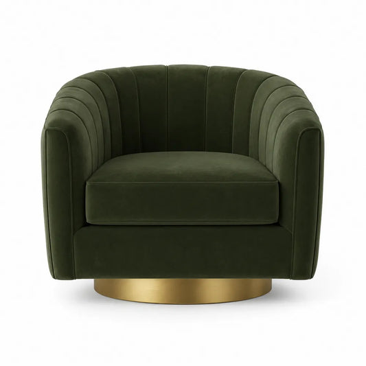 Poltrona girevole in velluto verde con base in metallo