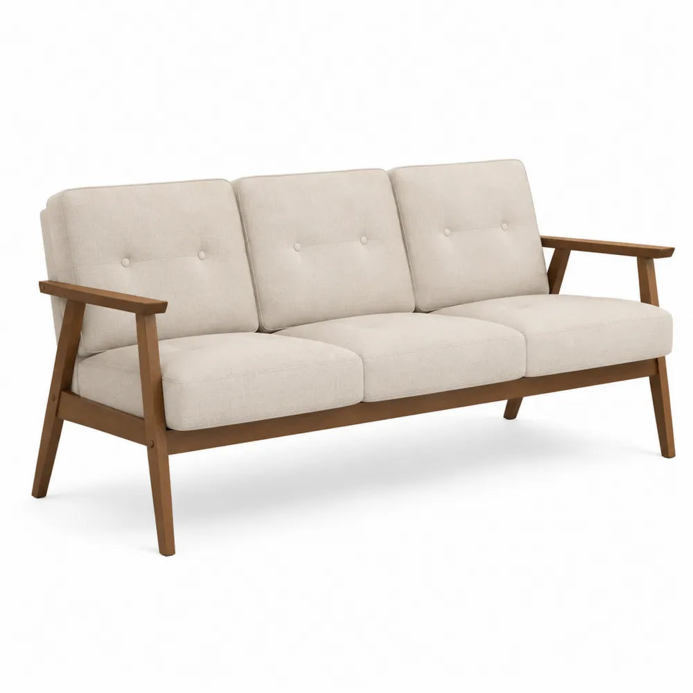 Divano a 3 posti in legno e tessuto beige