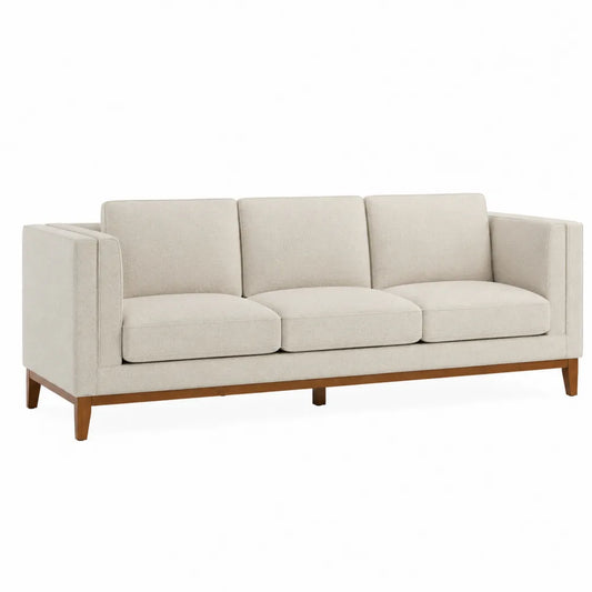 Divano a 3 posti in tessuto beige con gambe in legno