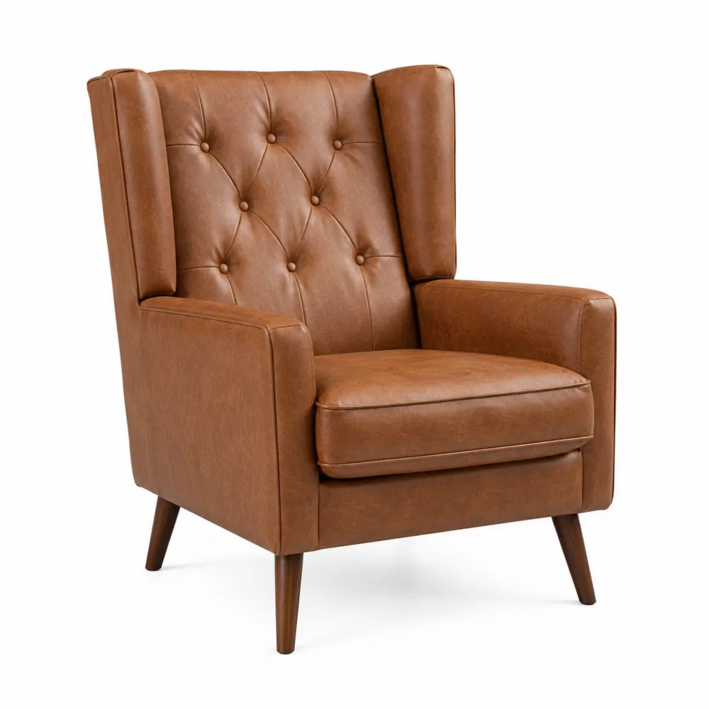 Poltrona in Pelle Sintetica con Gambe in Legno Marrone