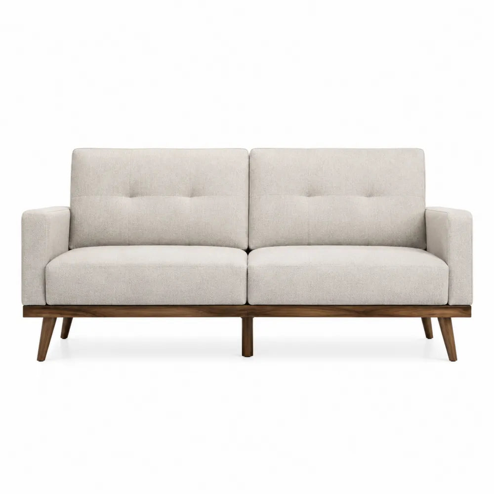 Divano in tessuto beige a due posti con gambe in legno