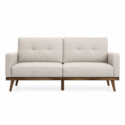 Divano in tessuto beige a due posti con gambe in legno