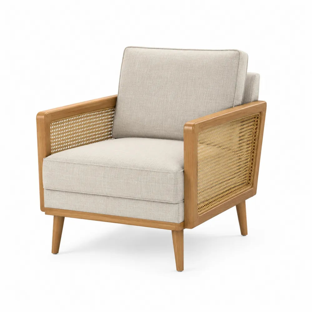 Poltrona in Legno e Rattan con Cuscini in Tessuto Beige