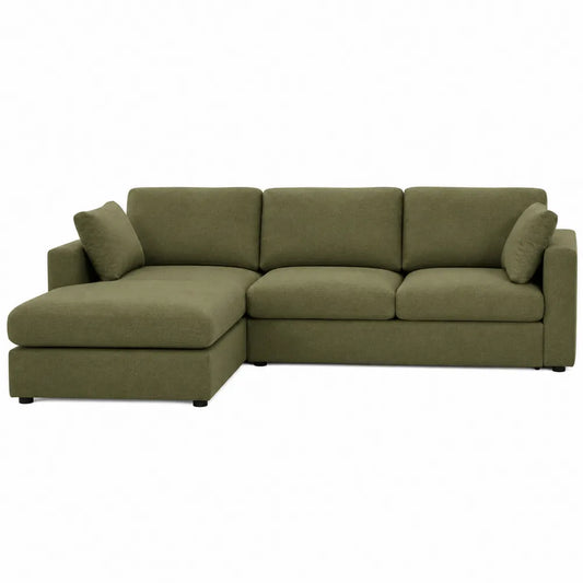 Divano angolare in tessuto verde oliva con chaise longue, 3 posti