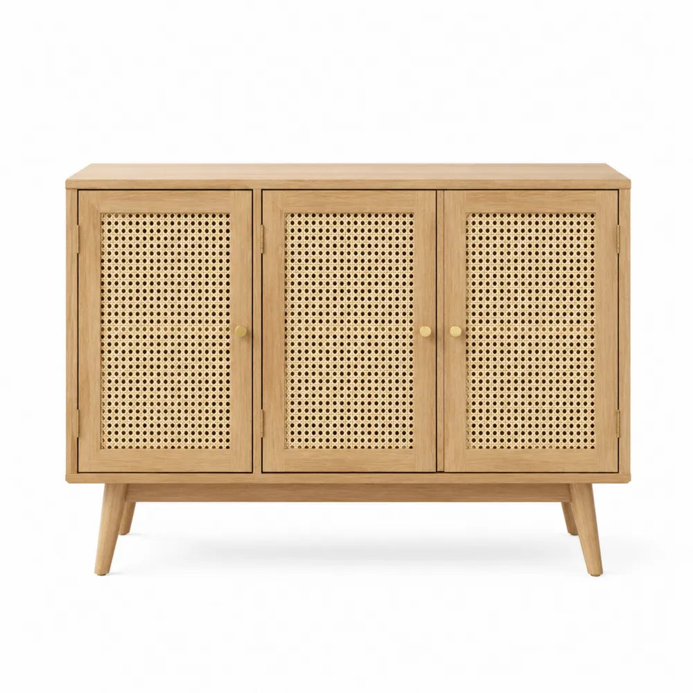 Credenza in Legno Massello con Ante in Rattan Naturale