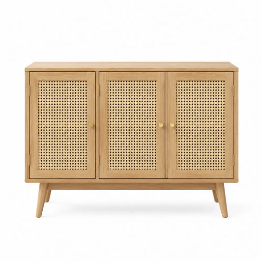 Credenza in Legno Massello con Ante in Rattan Naturale