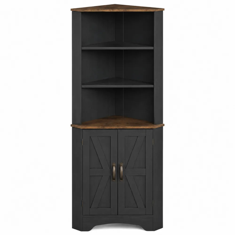 Credenza Angolare in Legno con Ripiani, Nero e Naturale