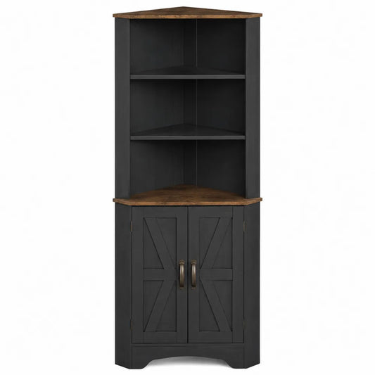 Credenza Angolare in Legno con Ripiani, Nero e Naturale