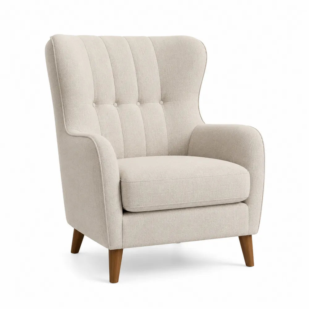 Poltrona in tessuto beige con gambe in legno