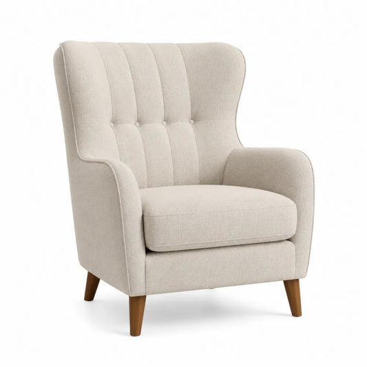Poltrona in tessuto beige con gambe in legno