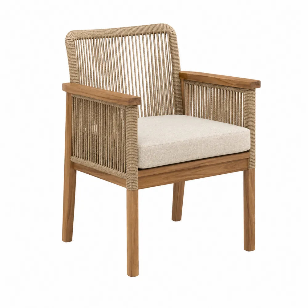 Sedia in legno di teak con corda e cuscino in poliestere beige
