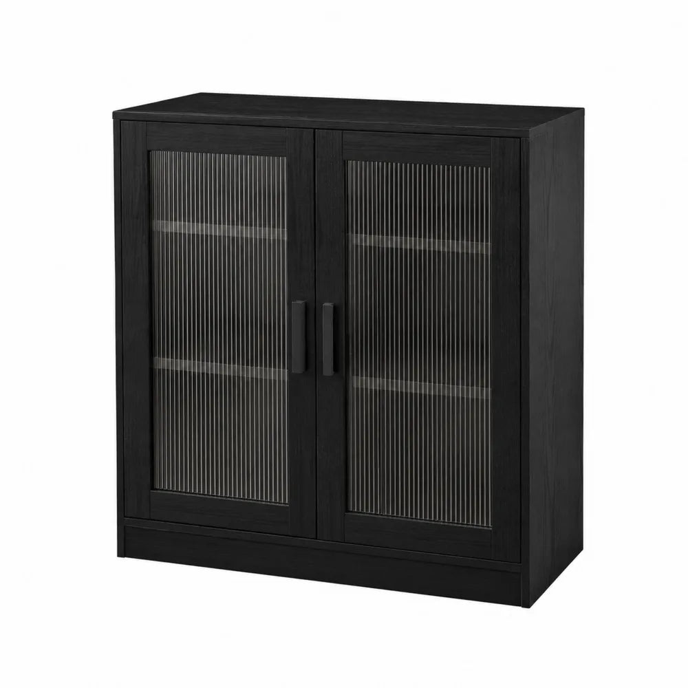 Credenza in legno nero con ante in vetro temperato zigrinato
