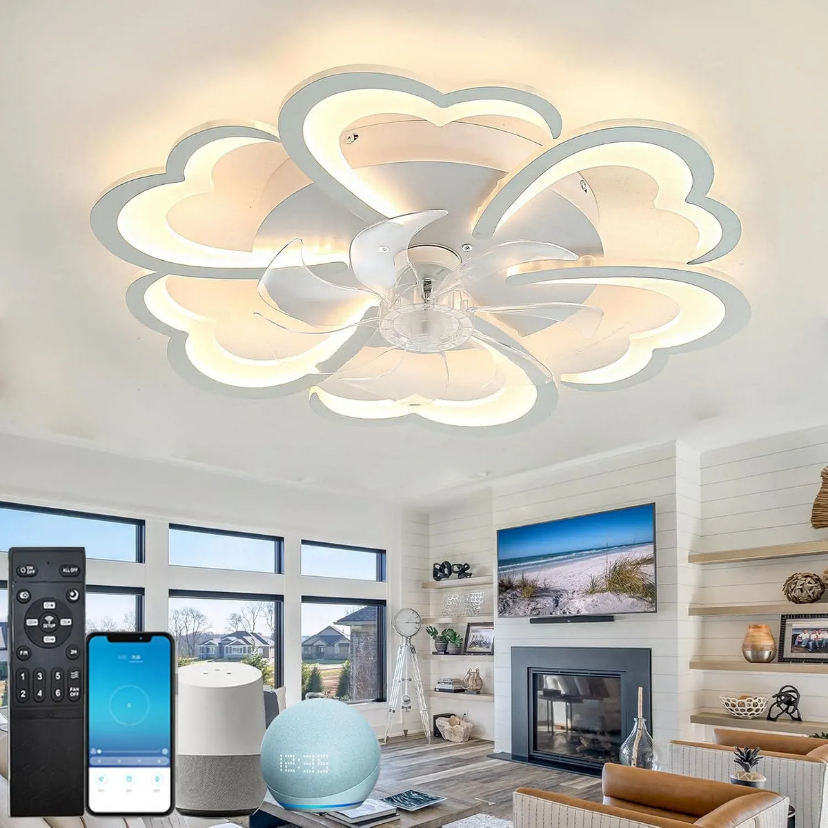 Ventilatore, bianco, ventola per circolazione dell'aria, Lampadario con Ventilatore da Soffitto Compatibile con Alexa Blanc