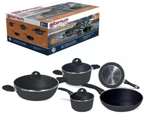 Batteria, adatta all'induzione, 8 pezzi, nero, alluminio
