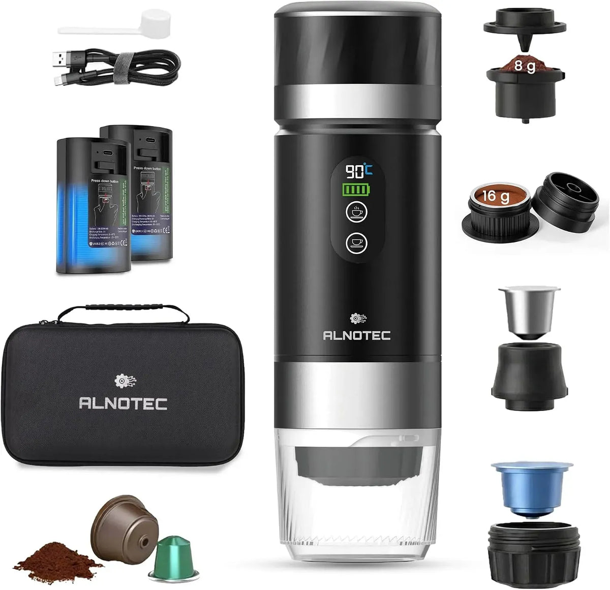 Macchina per espresso, portatile, 20 bar, 2 batterie rimovibili incluse, DG & Caffè macinato, compatibile con capsule NES
