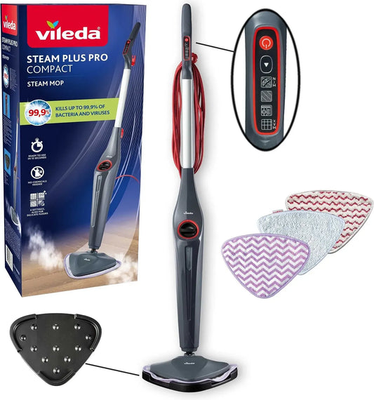 ideale per pavimenti delicati, rimuove fino al 99% di batteri e virus, Vileda Steam Plus Pro scopa a vapore, con 4 impostazioni di vapore, include