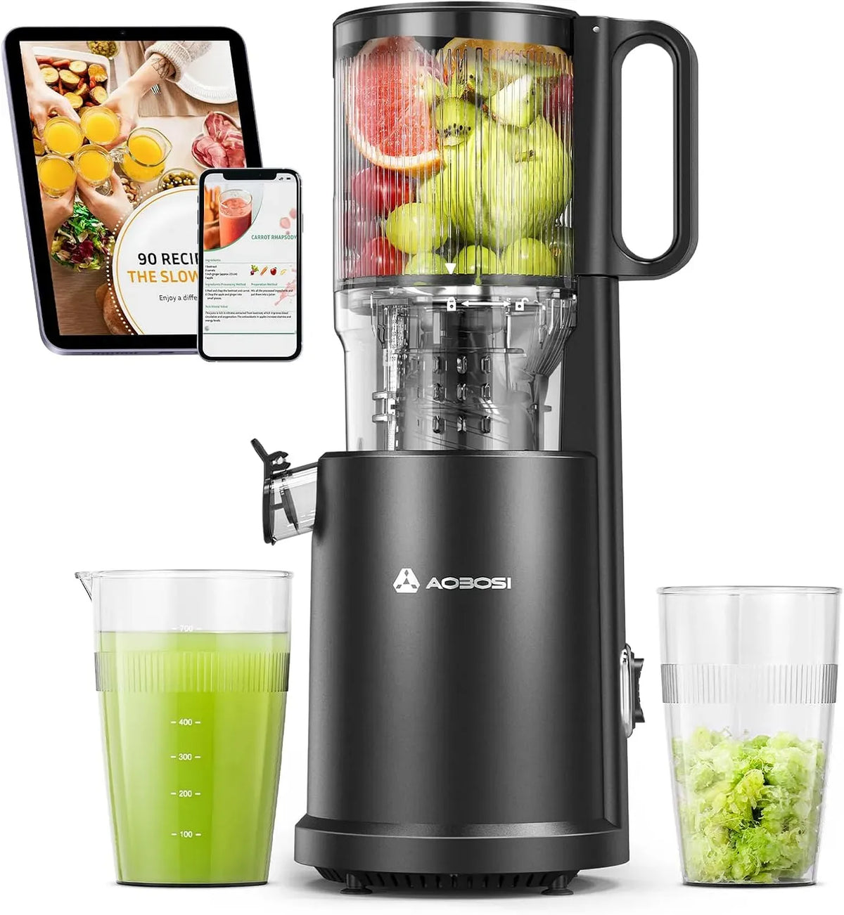 Estrattore, juicer, Filtro, 1,5 L, 200 W, 126 MM, nero, per Frutta e Verdura Intere, AOBOSI