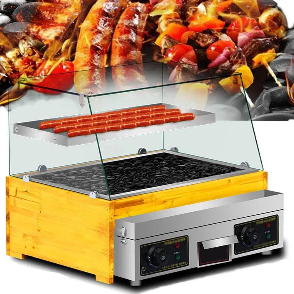 Macchina per salsicce, macchina per barbecue, macchina per hot, professionale, acciaio inox, vetro, per salsicce con pietra lavica