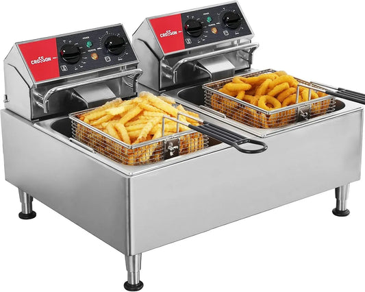 12Litri Riscaldamento Rapido, Friggitrice Commerciale, per Cucina Ristorante, 6000W Friggitrice Elettrica ad Olio Vasca Doppia Rimovibile con Cestello
