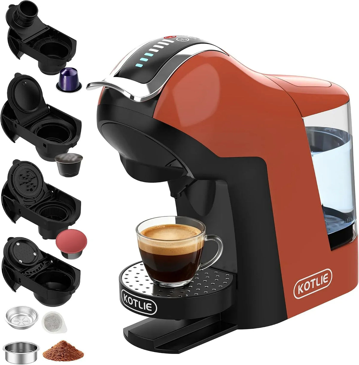 Macchina da caffè, KOTLIE, ampio serbatoio, rosso, adatta per capsule NES/DG/MIO/ESE e caffè macinato, 3 temperature di brodo, 5 in 1,308B
