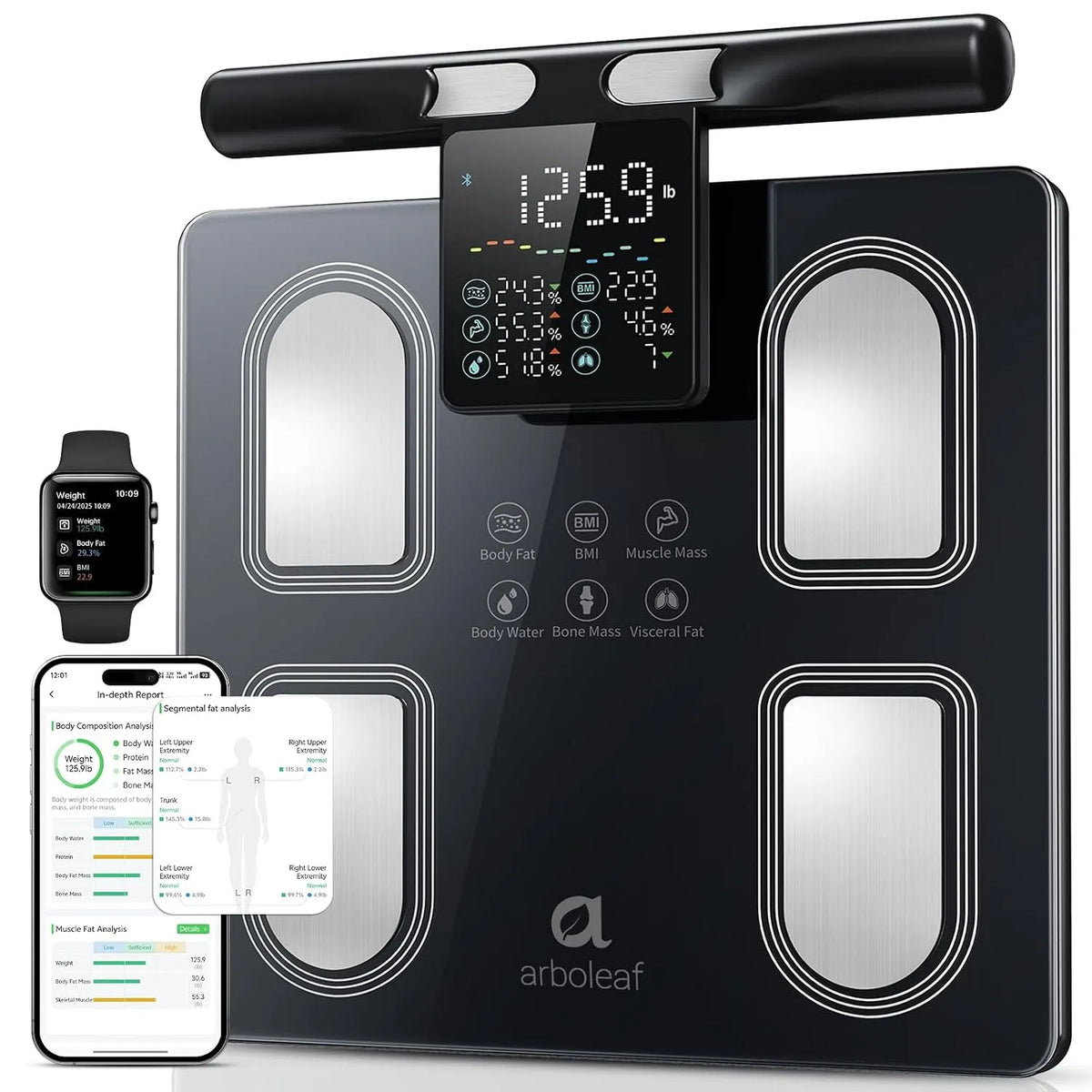 Bilancia, 180 kg, Bluetooth, APP, arboleaf Bilancia Impedenziometrica con 8 Elettrodi con Maniglia con Display Integrato