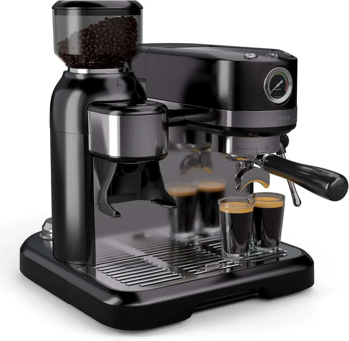 Klarstein Montalatte, 1,4 L, 1550 W, cappuccinatore, ampio serbatoio, acciaio inox, nero, 19 Bar, Design Retrò Anni '50, Macinino Integrato da 200g