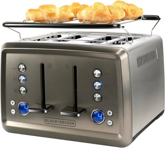 Black+Decker Tostapane, 1960 W, display LCD, scongelamento, nero, 4 fessure larghe