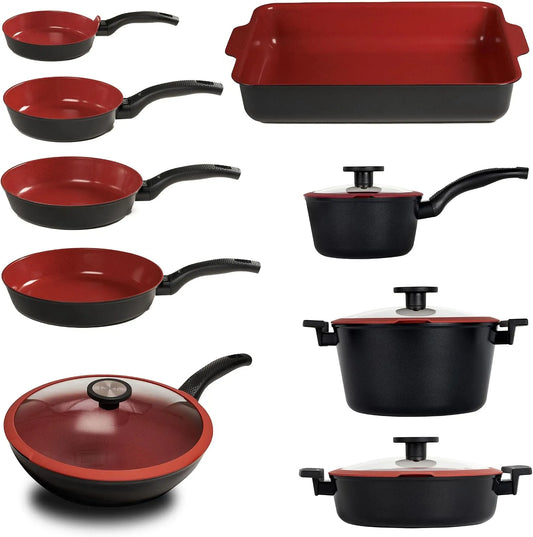 Set Padelle antiadenti 13 Pz, ITALY, Antiaderente a 5 strati senza PTFE, 100% sicuro, senza PFAS, PFOA, Linea TUSCANY, CLASSE ITALY