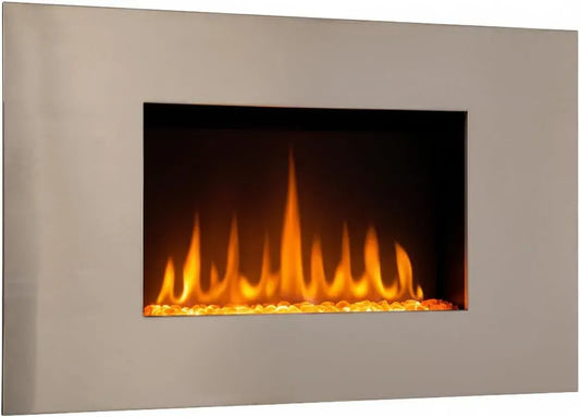 Caminetto elettrico da parete in acciaio Inox, 90x16x52cm, Effetto fiamma a LED