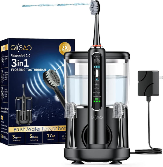 Spazzolino elettrico con idropulsore combinato, cura delle gengive, spazzolino sonico 3 in 1 e filo interdentale per la pulizia dei denti, 5 modalità