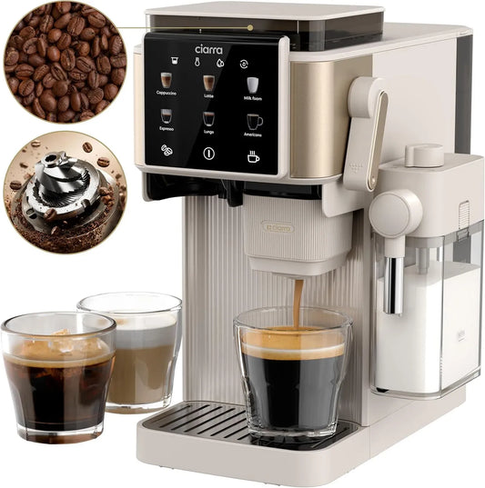 CIARRA CBSACM-D6 Montalatte, cappuccinatore, macinino per chicchi di caffè, Macchina Caffè Espresso 15Bar con Macinacaffè e Montalatte