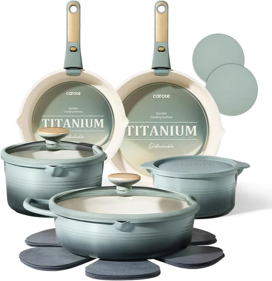 Set Pentole e Padelle Antiaderenti Ceramica dotato di Titanio Verde Salvia