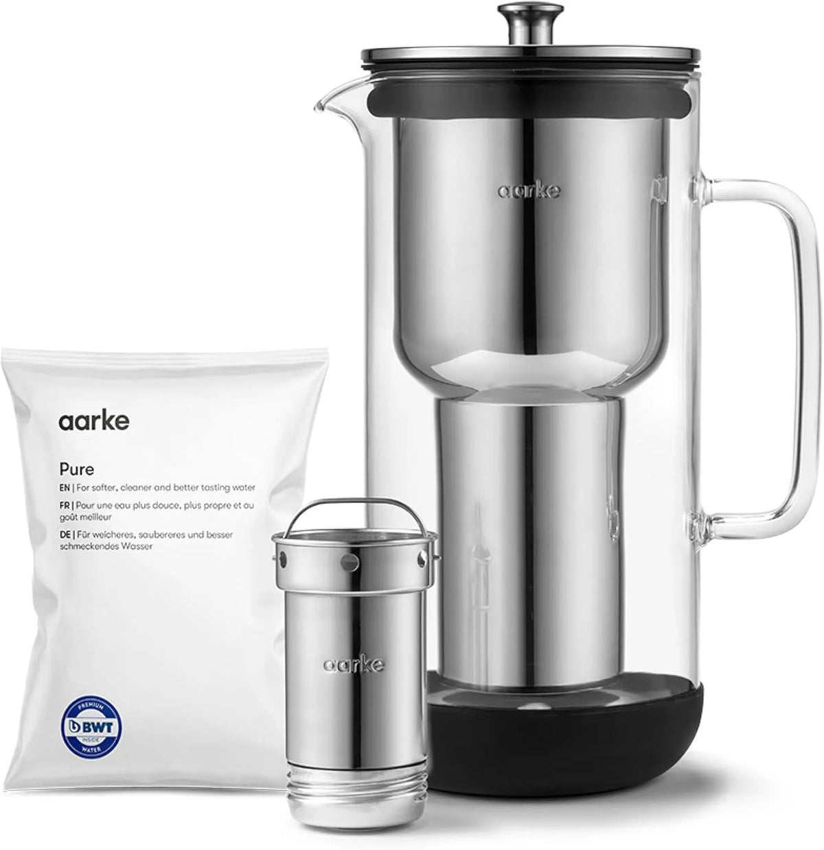 l/10 Aarke Purificatore, 2,4 tazze, caraffa filtrante in vetro e acciaio inox, con sacchetto di ricarica aarke Pure, 2,4 l
