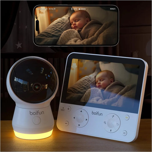 Monitor, Boifun 4MP 4000mAh, Wi-Fi, app, 5'' Video Audio con Telecamera 360° Zoom 4X, App controllo fuori casa, AI Intelligente