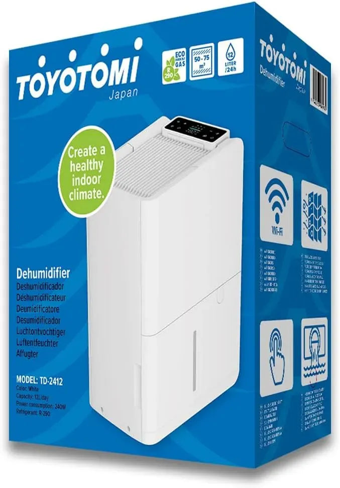 Deumidificatore, 2,2 L, 38 dB, Toyotomi TD-C2412 12L/24h, touch, timer, Wi-Fi, ampio serbatoio, bianco, per ambienti fino 28 m², Touch Panel