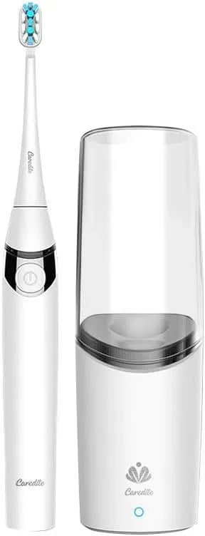 IPX7 Caredite Spazzolino elettrico sonico per adulti dotato di funzione di sterilizzazione e asciugatura, bianco, tuta da viaggio con 3 modalità di