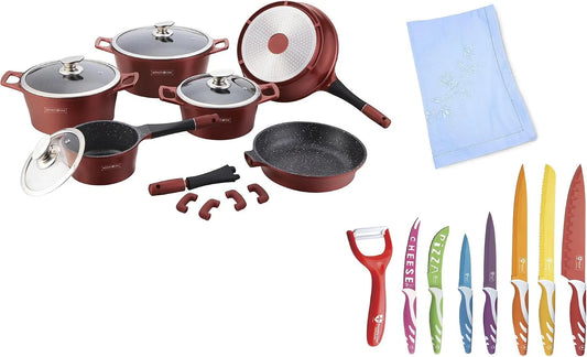 Set di Pentole Royalty Line 23 Pezzi in Pietra Lavica + Set di Coltelli Rivestiti in Ceramica dotato di Pelapatate e Servizio da Te' in Omaggio