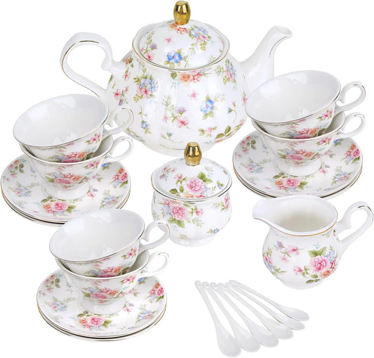 set da caffè in porcellana vintage con finiture dorate, snack, fanquare Servizio da tè da 21 pezzi in colori pastello con dettagli in rilievo, 6 tazze