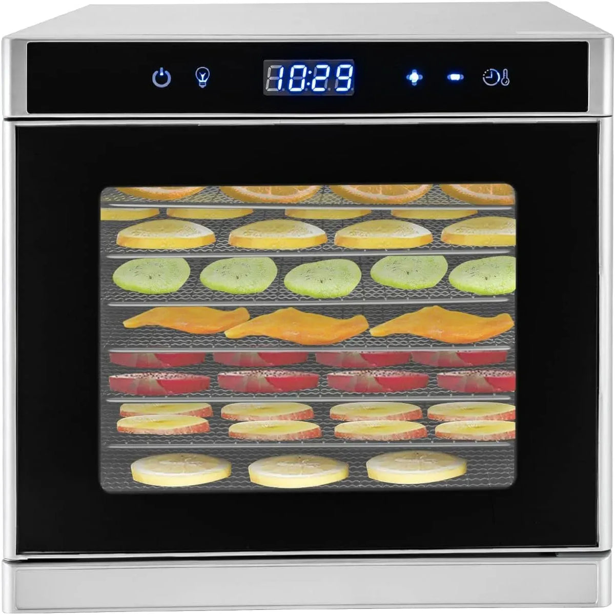 Asciugatrice, 700 W, 35 a 75 °C, timer, acciaio inox, timer 24 ore, 6 vassoi di essiccazione in acciaio inox, display LED