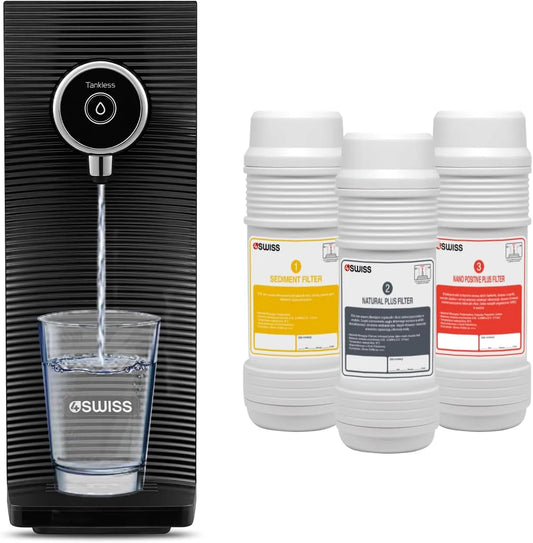 4SWISS Economico, Sistema di Filtrazione dell'Acqua, per Depuratore d'Acqua per Casa, Con 3 Filtri, Rimuove Batteri, Metalli Pesanti, Microplastiche